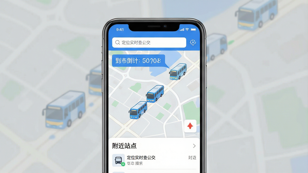 һ��չʾ����λʵʱ�鹫����APP���Ľ�����ֻ�����ͼ�������������ֻ���Ļ����Ļ����ʾ��ͼ�Ϲ�����ʵʱ�ƶ���ͼ��͵�վ����ʱ���֣�����������ɫ��Ϊ�������������������������򣬵ײ��и���վ���б����������ִ���ƽ�������ʸɾ����޶���Ԫ�أ���������ɫ��ͻ���������ơ���λʵʱ�鹫����