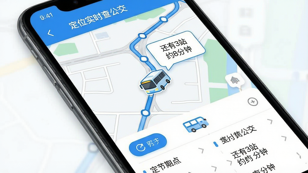 һ��չʾ����λʵʱ�鹫����APP�й������ڵ�ͼ���ƶ��Ľ����ͼ�������������ֻ���Ļ����Ļ�ڵ�ͼ����һ��������ͼ��������·����ʻ���Ա���������ʾ������3վ Լ8���ӡ�������ײ���ˢ�°�ť��վ���б���������ִ���������ɫ�����������ɾ����޶���Ԫ�أ�ͼƬ�����֡���λʵʱ�鹫����