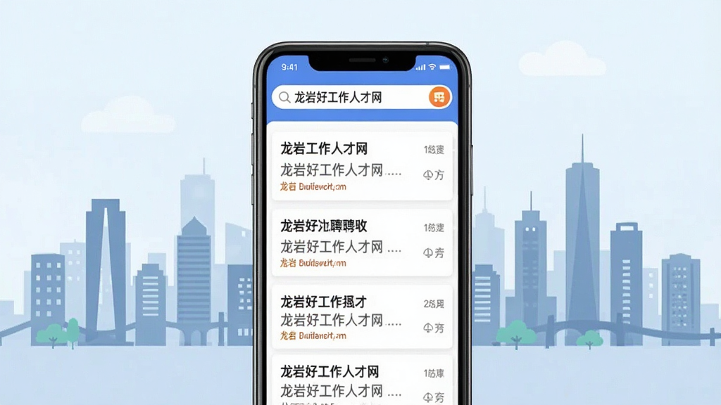 一张展示龙岩好工作人才网应用界面的图片,画面中央是手机屏幕,屏幕里显示招聘岗位列表,顶部有搜索框写着“龙岩好工作人才网”,背景是龙岩城市剪影,布局简洁,风格现代扁平,细节清晰,画质干净无多余元素