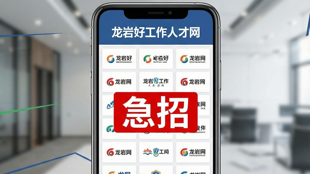 一张展示龙岩好工作人才网名企急招专区的图片,画面中央是手机屏幕,屏幕里展示着企业LOGO墙和醒目的“急招”标签,顶部写着“龙岩好工作人才网”,布局清晰,风格商务简洁,细节锐利,画质干净无多余元素