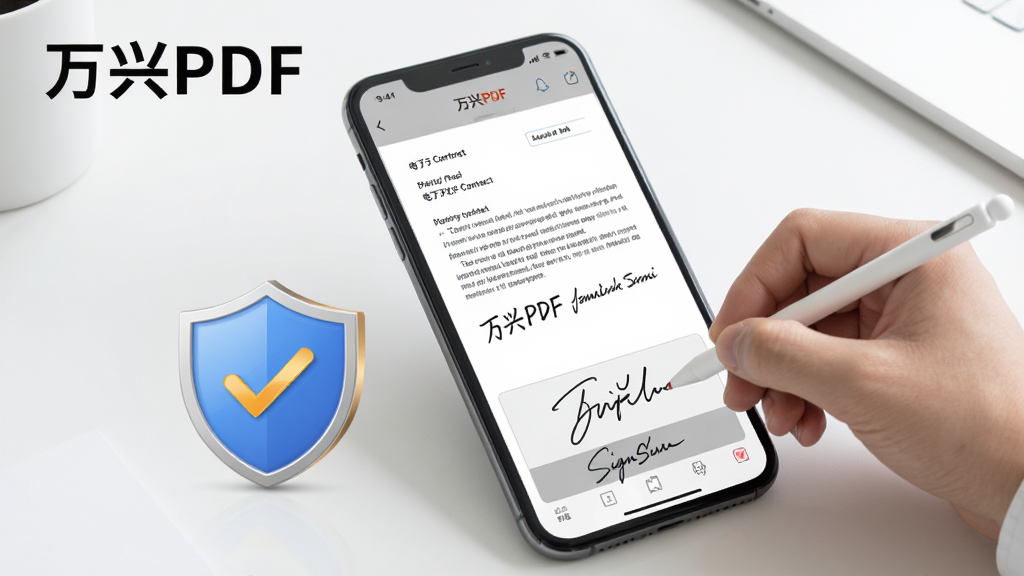 һ��չʾ����PDF��ȫǩ�����ܵ�ͼƬ��������һ���ֻ���Ļ��ʾһ�ݵ��Ӻ�ͬ�ĵ����ĵ��·���һ����дǩ������һ֧���ر�������Ļ����дǩ�����ֻ��Ա���һ��������״�İ�ȫͼ�꣬��Ļ�Ϸ��С�����PDF�����ֱ�ʶ�������Ǽ��İ�ɫ�칫���棬�������רҵ�����������ɾ����޶���Ԫ��