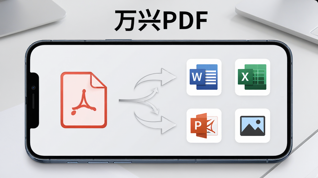 һ��չʾ����PDF��ʽת�����ܵ�ͼƬ��������һ���ֻ�������ʾ����Ļ�������һ��PDF�ļ�ͼ�꣬�ұ���Word��Excel��PPT��ͼƬ�ȸ�ʽͼ�꣬�м��м�ͷ���ӱ�ʾת����ϵ���ֻ��Ϸ��С�����PDF�����ֱ�ʶ�������Ǽ���ǳ��ɫ�칫���棬����ִ��Ƽ��У����������ɾ����޶���Ԫ��
