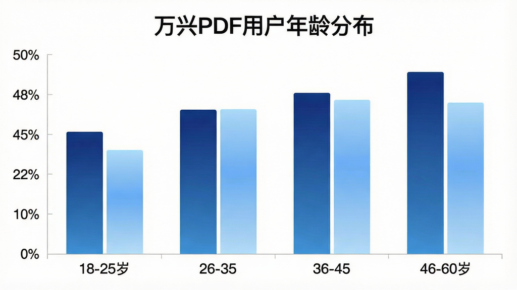 һ��չʾ����PDF�û�����ֲ�����״ͼͼƬ������������Σ�18-25�ꡢ26-35�ꡢ36-45�ꡢ46-60�꣬�������û�ռ�Ȱٷֱȣ���״ͼ��ɫΪ����ɫ��ǳ��ɫ���䣬ͼ���Ϸ��С�����PDF�û�����ֲ������ֱ��⣬�����ǰ�ɫ����񣬻��������ɾ����޶���Ԫ��
