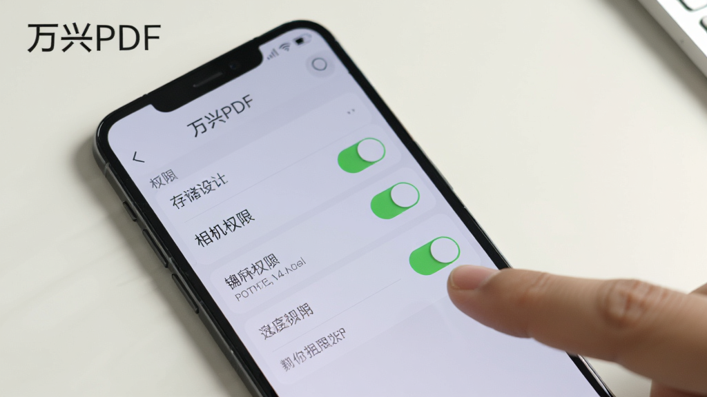 һ���ֻ���Ļ��ʾ����PDF��Ȩ�����ý��棬�������д洢Ȩ�ޡ����Ȩ�޵ȿ��ذ�ť���Ա���һ����ָ���ڵ��������ť���ֻ��Ϸ��С�����PDF�����ֱ�ʶ�������Ǽ���ǳɫ���棬�������ֱ�ۣ����ʸɾ��޶���Ԫ��