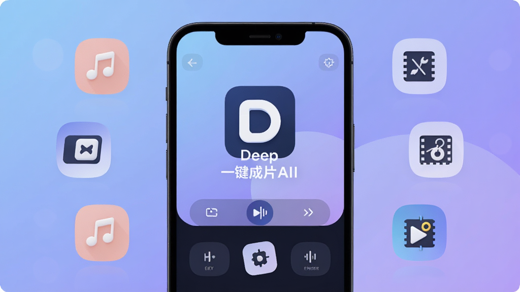 һ��չʾDeepһ����ƬAI�����������ͼƬ�������������ֻ���Ļ����Ļ����ʾ��Deepһ����ƬAI��Logo�ͼ��ļ������ܰ�ť����Χ���������֡���Ļ����Ч��ͼ�꣬��������͵�����ɫ���䣬���־��жԳƣ�����ִ���ƽ����ϸ��Բ�󣬻��ʸɾ��������޶���Ԫ��