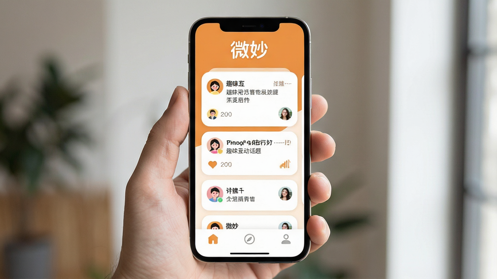 һ��չʾ�ֻ���Ļ��ͼƬ����Ļ�����ǡ�΢�App�������棬������Ƽ�����죬�����С�΢�Logo���м��ǿ�Ƭʽ��������������Ȥζ����������û�ͷ�񣬵ײ�����������ͼ�꣬����ɫ����ů��ɫ�Ͱ�ɫΪ����������ɻ��ã����������ɾ����޶���Ԫ��