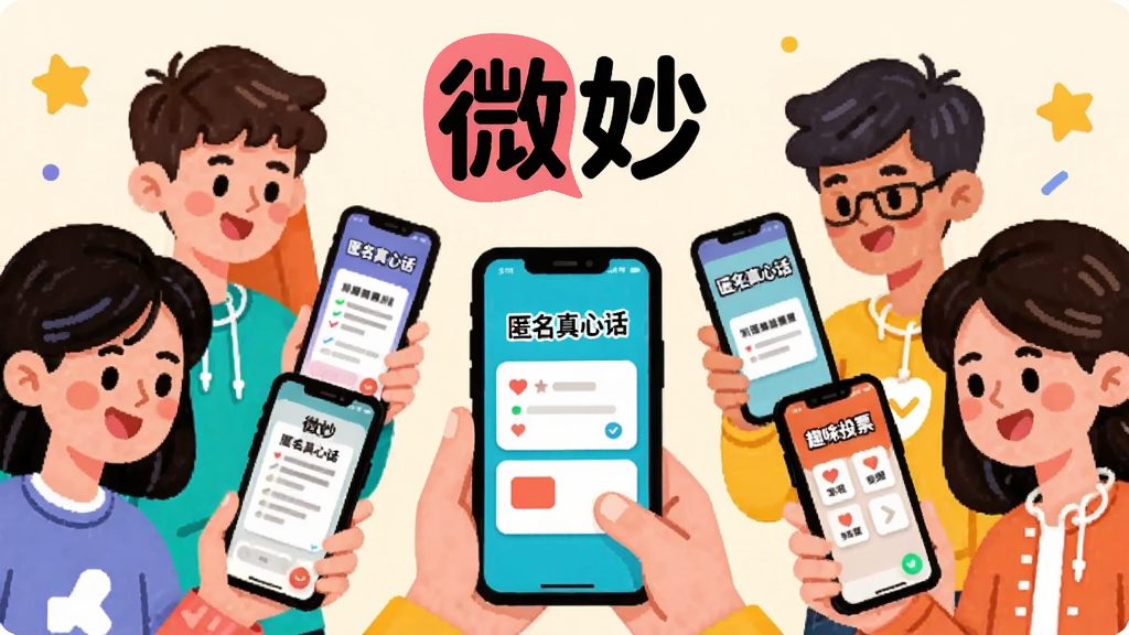 һ��չʾ��΢�App�ڲ������淨�Ĳ廭�������м�����ͨ���������������ֻ����ֻ���Ļ����ʾ���������Ļ����͡�ȤζͶƱ���Ľ��棬�����С�΢�����Logo�����������������ɫ�ʷḻ�����ʸɾ����޶���Ԫ��