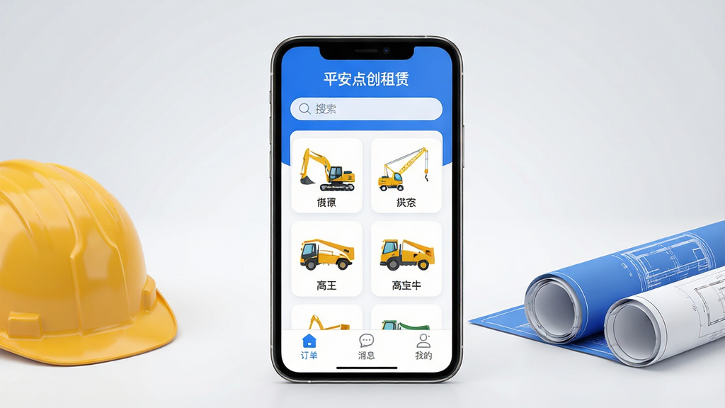 画面中央展示一部智能手机,屏幕里显示“平安点创租赁”App的主界面,界面以蓝白配色为主,顶部有搜索框,中间整齐排列着挖掘机、起重机、高空作业车等工程设备图标,底部是订单、消息、我的三个导航键。手机周围散落着安全帽和图纸,背景是简洁的浅灰色渐变,风格现代商务,细节清晰圆润,画质干净明亮,无多余元素。