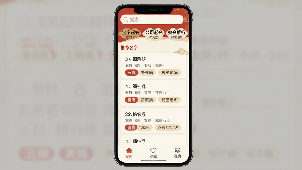 图风灵水App主界面截图,手机屏幕显示一款中国风起名软件,顶部有搜索框和宝宝起名、公司起名、姓名解析等分类入口,中间是推荐名字列表,每个名字下方标注五行属性和寓意标签,底部为首页、收藏、我的三个选项卡,整体配色以米白和朱红为主,风格典雅简洁,文字清晰,画质干净无多余元素