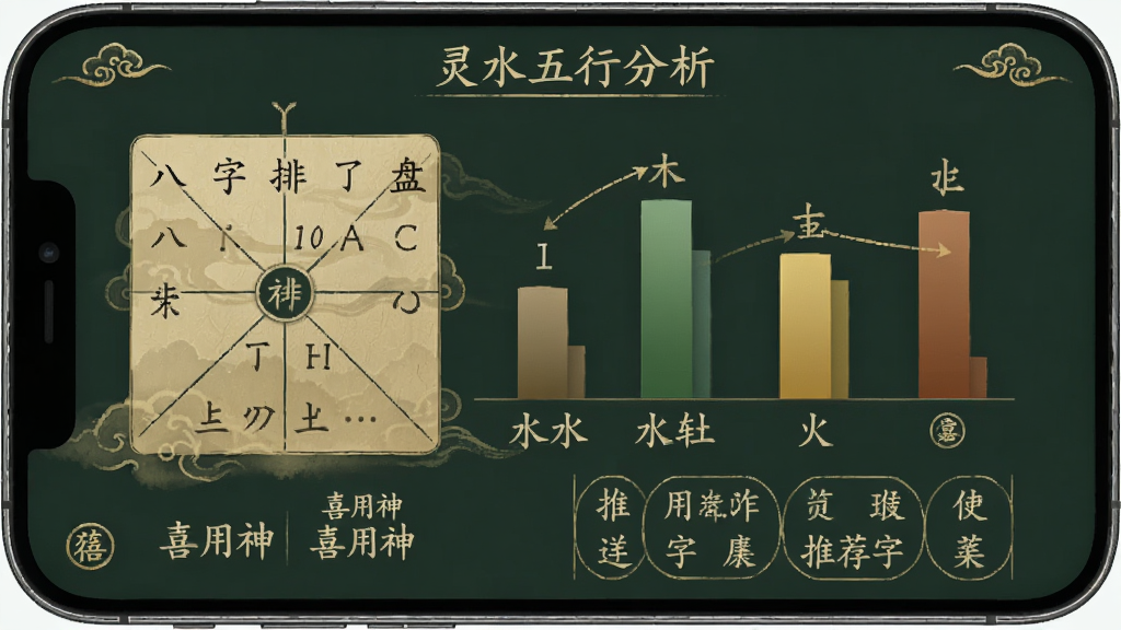 图风灵水五行分析界面,手机屏幕显示八字排盘和五行分布柱状图,金木水火土五个柱子高低不同,下方有喜用神标注和推荐用字列表,界面风格古风简约,配色以墨绿和金色为主,文字清晰,画质干净无多余元素