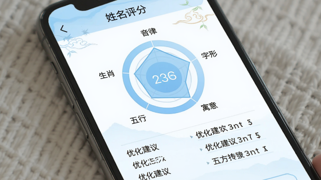 图风灵水姓名评分页面,手机屏幕显示一个名字的综合评分环形图,中心是分数,周围有音律、字形、寓意、五行、生肖五个维度的雷达图,下方列出各项得分和优化建议,界面风格清新淡雅,配色以浅蓝和白色为主,文字清晰,画质干净无多余元素