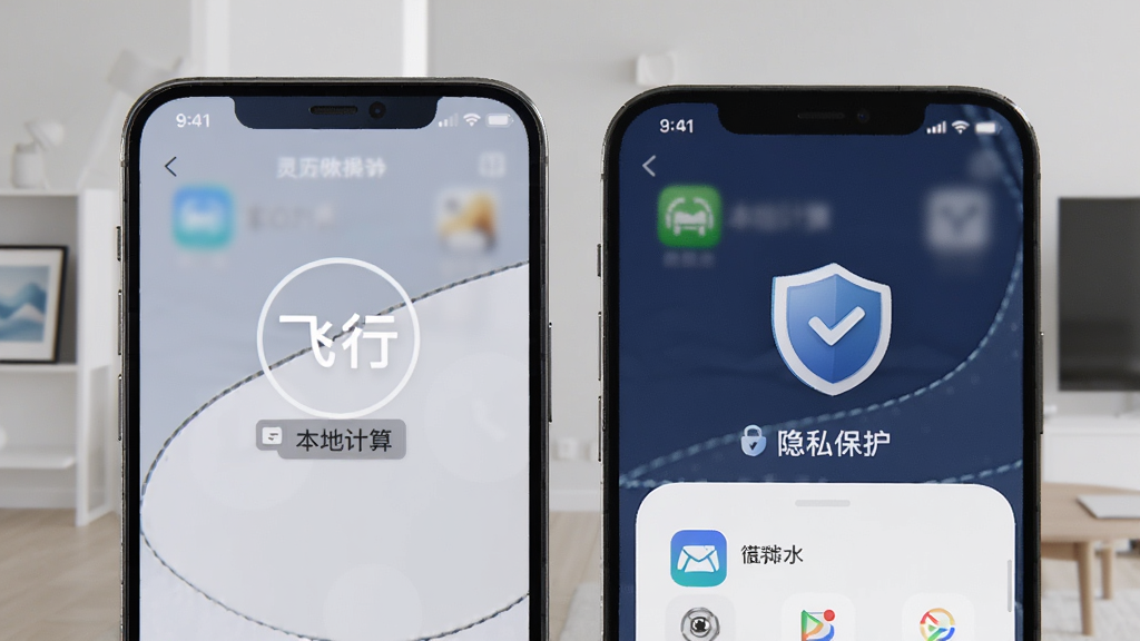 图风灵水离线使用场景图,手机屏幕显示飞行模式图标和App界面同时出现,界面中有本地计算标签和隐私保护盾牌图标,背景是简洁的室内环境,风格写实,配色以深蓝和白色为主,文字清晰,画质干净无多余元素