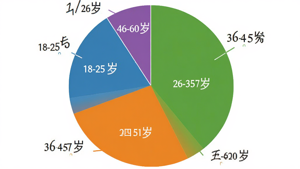 图风灵水用户年龄分布饼状图,图表显示18-25岁占比百分之十五,26-35岁占比百分之四十,36-45岁占比百分之二十五,46-60岁占比百分之二十,配色以蓝绿橙紫区分,图表清晰,文字标注明确,画质干净无多余元素