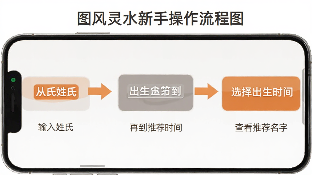 图风灵水新手操作流程图,手机屏幕显示从输入姓氏到选择出生时间再到查看推荐名字的步骤分解,每一步有箭头连接和文字标注,界面风格扁平化,配色以橙色和灰色为主,文字清晰,画质干净无多余元素