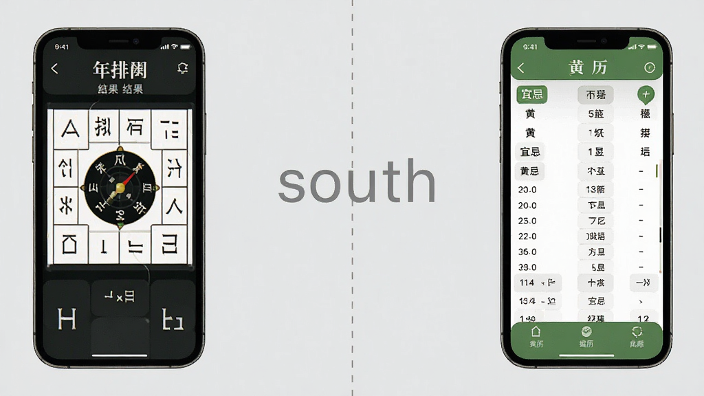一张展示风水罗盘south功能界面的图片,画面左侧是手机显示八字排盘结果,右侧是手机显示黄历宜忌列表,中间用虚线分隔,背景是浅灰色,风格简洁现代,文字清晰可辨,画质干净无多余元素