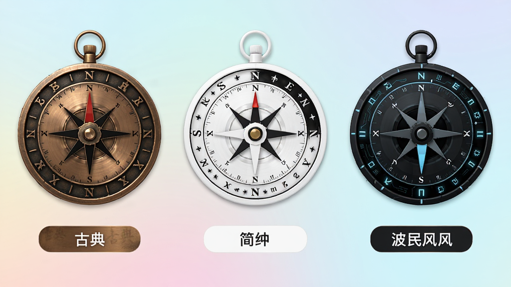 一张风水罗盘south个性化皮肤选择界面的图片,画面中并排展示三款不同风格的罗盘皮肤,分别是古典铜面、简约白色和深色科技风,每款罗盘下方有对应的名称标签,背景是柔和的渐变色,风格清新明快,画质干净无多余元素