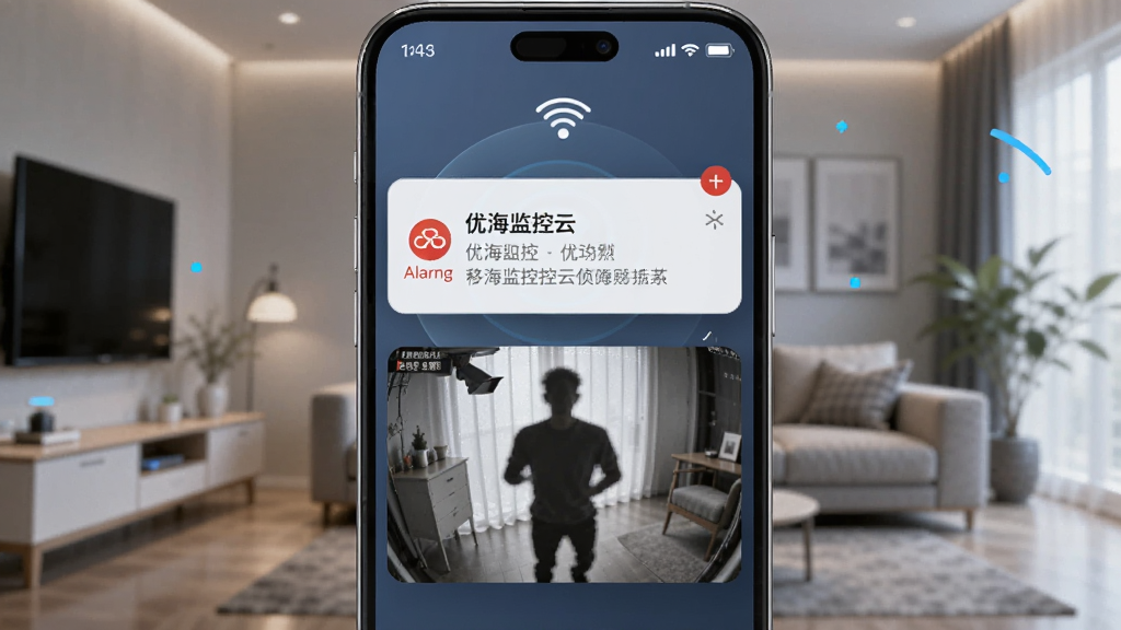 一张展示优海监控云移动侦测报警功能的AI生图,画面主体是一部手机,屏幕上弹出一条来自优海监控云的报警通知,通知下方显示着一张抓拍到的画面,画面中有人影轮廓,手机背景是模糊的客厅环境,风格现代科技感,画质清晰,无多余元素