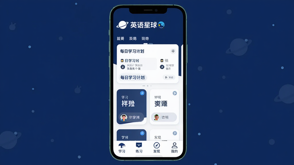 Ӣ������APP������չʾ������������һ�������ֻ����ֻ���Ļ����ʾӢ������APP����ҳ���棬������Ӣ���������ֱ�ʶ������ͼ�꣬�м���ÿ��ѧϰ�ƻ���Ƭ�͵��ʿ�Ƭ���ײ���ѧϰ����ϰ�����֡��ҵ��ĸ�������ť��������ɫ�������Ͱ�ɫΪ����������ִ�����ƽ����ƣ�����ɾ��޶���Ԫ�أ����廭��
