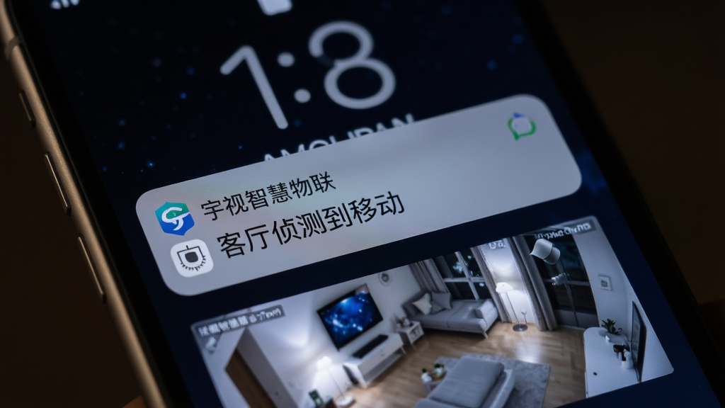 深夜的手机屏幕上弹出“宇视智慧物联”的消息提醒卡片,卡片上写着“客厅侦测到移动”,背景是手机锁屏界面,卡片下方隐约可见监控画面缩略图,光线昏暗营造夜晚氛围,风格写实,细节上手机边框圆润、通知卡片有轻微阴影,画质干净清晰,无多余元素