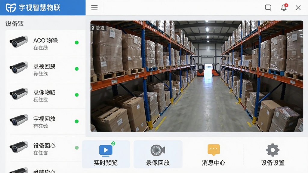 画面展示“宇视智慧物联”App的设备管理界面,左侧是设备列表栏显示多个摄像头名称和在线状态小绿点,右侧是主监控画面区域显示一个仓库的实时视频,界面底部有“实时预览”“录像回放”“消息中心”“设备设置”四个大图标按钮,布局清晰,风格扁平化设计,细节上图标线条简洁、文字标签明确,画质干净整洁,无多余元素