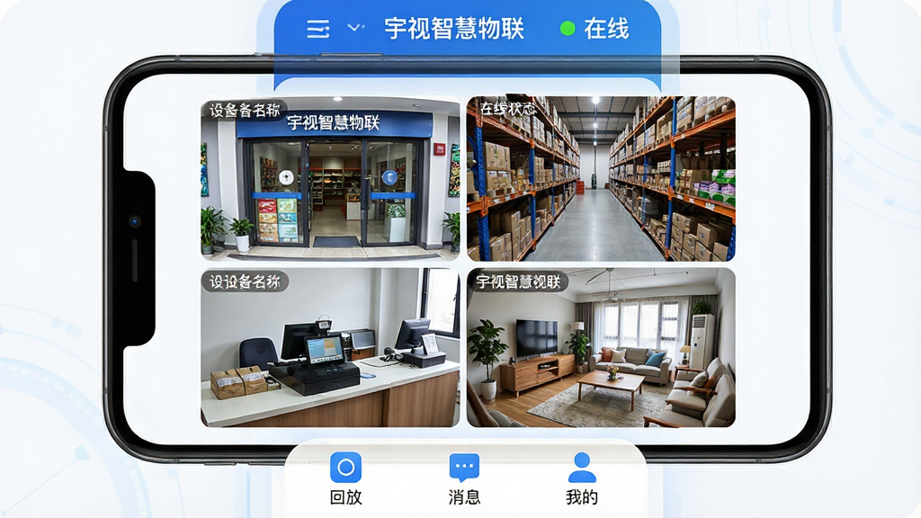 画面中央是一部智能手机,屏幕上清晰展示着“宇视智慧物联”App的监控画面界面,画面分为四格,分别显示店铺门口、仓库内部、收银台和家庭客厅的实时监控影像,界面顶部有设备名称和在线状态,底部有回放、消息、我的三个操作图标,整体布局简洁直观,风格现代科技感,细节上图标圆润、色彩以蓝白为主,画质清晰干净,无多余元素