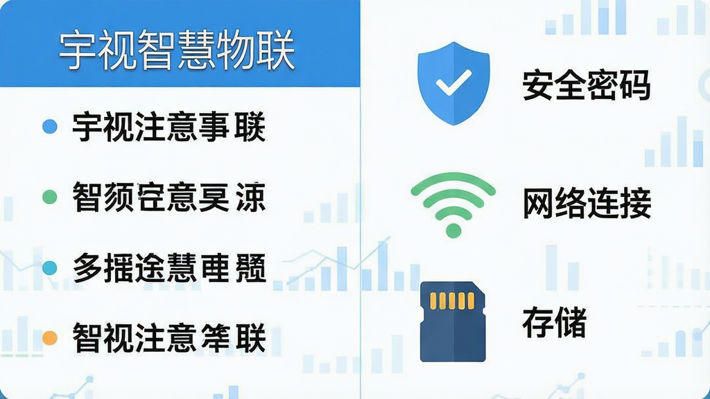 一张信息图表风格的画面,左侧列出“宇视智慧物联”新手注意事项的文字条目,右侧搭配对应的图标,例如盾牌图标代表安全密码、WiFi图标代表网络连接、内存卡图标代表存储,整体布局左右分栏,风格扁平化信息图,细节上图标简洁、文字清晰,画质干净明亮,无多余元素