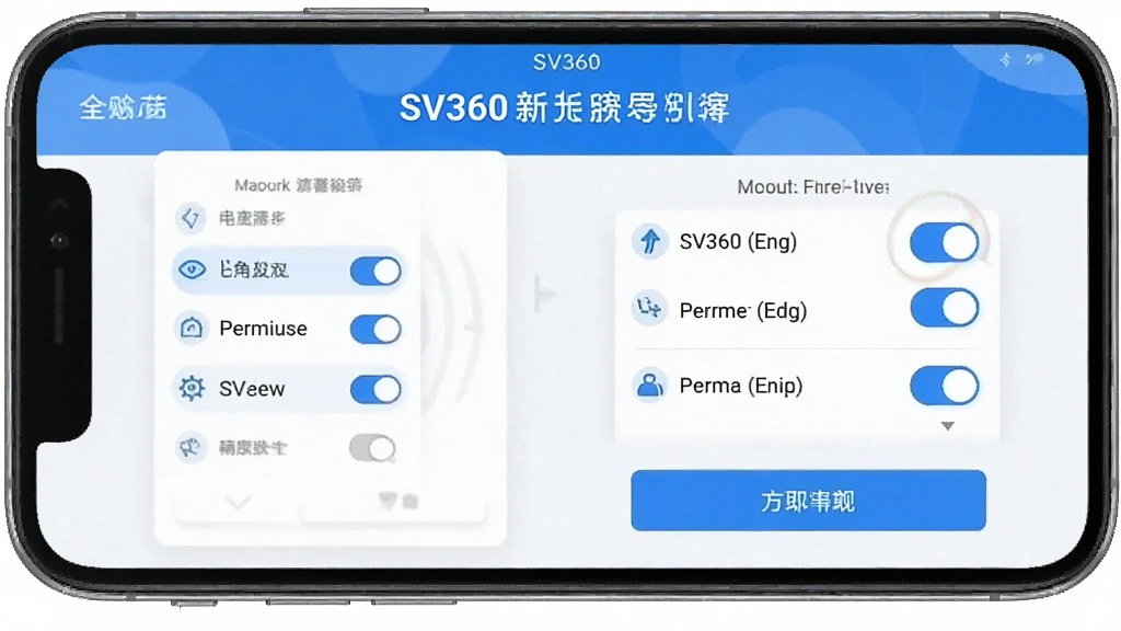 һ��չʾSV360�����������������ͼƬ���������ֻ���Ļ��ʾȨ�޿�������ҳ������Ϊ�������⡢�м�Ȩ���б������ذ�ť���ײ���һ��������ť���Ű��������У����Ϊ�Ѻ������磬ϸ���Ͽ�������ɫ������ͼ��������˵�������ʸɾ��������޶���Ԫ�أ�ͼƬ�����ֱ������