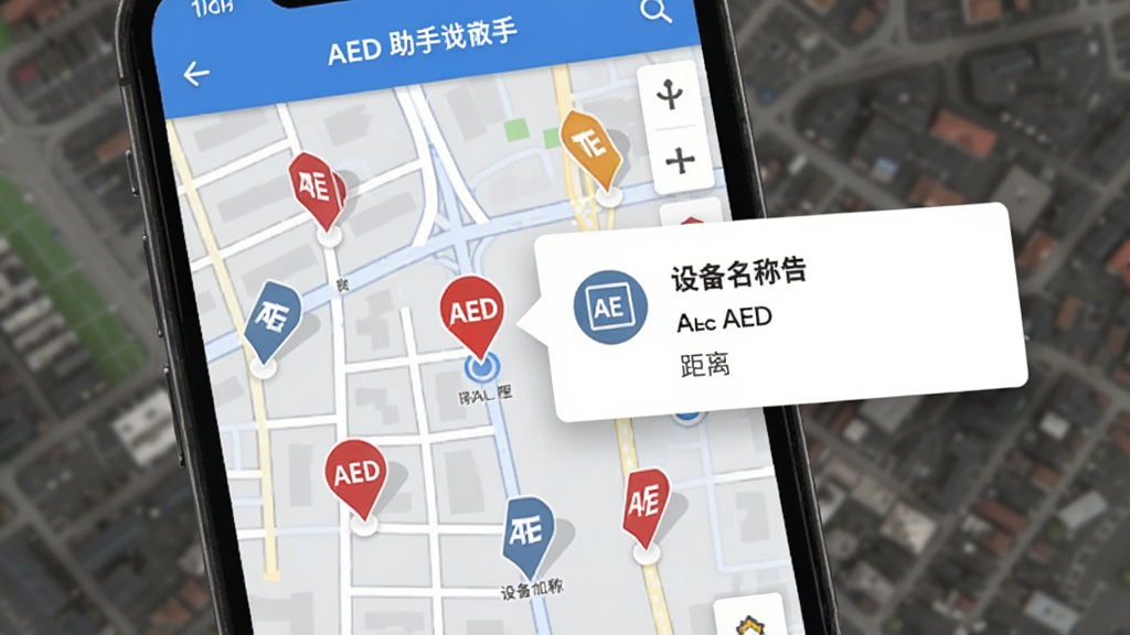AED���ָ���AED���ҹ��ܽ��棬�ֻ���Ļ��ʾ��ͼģʽ����ͼ���ж��AEDͼ���ǣ����һ����ǵ����豸���鿨Ƭ����ʾ�豸���ƺ;��룬����Ϊ���нֵ���ͼ��������ɫ���������࣬��������