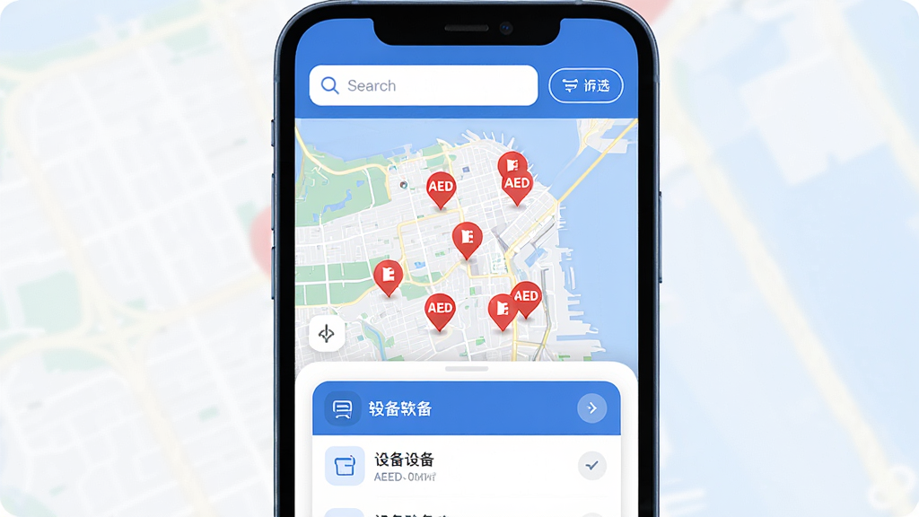 AED��������������չʾ���ֻ���Ļ������ʾ���е�ͼ����ͼ�ϱ�ע�����ɫAED�豸��λͼ�꣬�·����豸�б���Ƭ��������ʾ��������ɸѡ��ť�����岼��������������ɫ������ִ���Լ��ϸ��Բ�󣬻��ʸɾ��޶���Ԫ��
