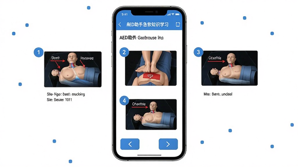 AED���ּ���֪ʶѧϰ���棬�ֻ���Ļ��ʾ�ķθ��ղ���ͼ�Ľ̳̣�ҳ���в����ź���ͼ���ײ��з�ҳ��ť����������ˬ����ɫ��������ɫǿ��ɫ���������������ʸɾ�