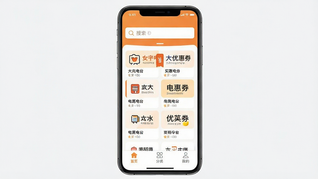 ����ʵ�ݶ��ʡApp������ȫòչʾ���������ů��ɫ���ɫΪ��ɫ�����ִ���ƽ����Ʒ�񣬶�����������Ŀ���м�չʾ�������ƽ̨�Ż�ȯ�ۺ����ͼ�꣬�ײ�������������ʾ��ҳ�����ࡢ�ҵĵ�ѡ����沼�ֽ����������ֱ�ǩ�����׶������ʸɾ��޶���Ԫ�أ��������ʵ�ݡ���ݵ��Ӿ�����