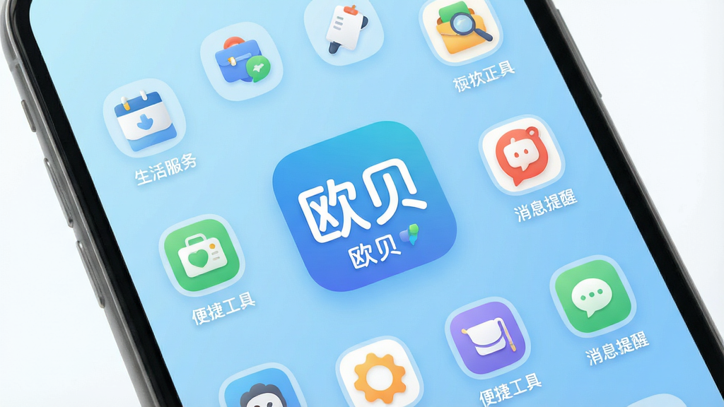 һ���ֻ���Ļչʾ���棬����������ŷ��App��ͼ������ơ�ŷ��������Χ������������񡢱�ݹ��ߡ���Ϣ���ѵ�Сͼ�꣬������ǳ��ɫ���䣬���ּ�࣬����ִ���ƽ��ϸ��Բ�󣬻��ʸɾ��޶���Ԫ��