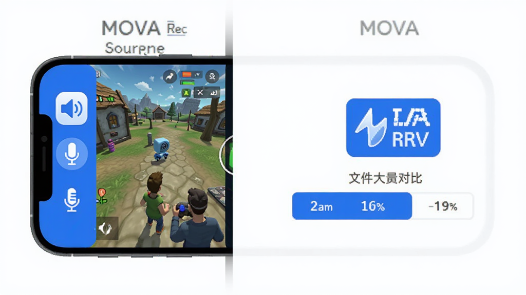 MOVA Rec 功能展示图,画面中一部手机正在录制游戏画面,屏幕边缘显示声音来源选项图标包括喇叭和麦克风,旁边有高清画质标识和文件大小对比条,风格扁平现代,颜色以蓝白为主,干净整洁无杂乱元素