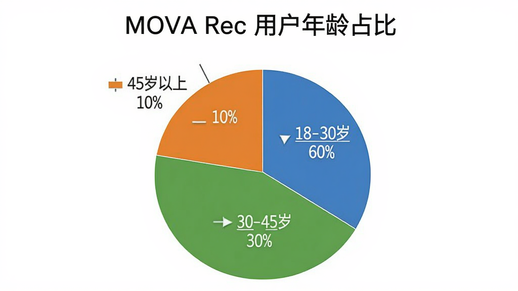 MOVA Rec 用户年龄分布饼状图,图表标题为“MOVA Rec 用户年龄占比”,饼图分为三个扇区分别标注“18-30岁 60%”“30-45岁 30%”“45岁以上 10%”,配色为蓝、绿、橙三色,背景干净白色,文字清晰,风格简洁商务
