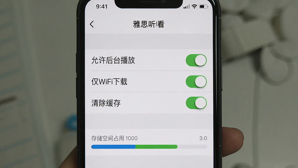 ��˼������App����ҳ�棬�ֻ���Ļ��ʾ��������̨���š�����WiFi���ء���������桱��ѡ��أ��·��д洢�ռ�ռ����ʾ��������Ϊǳ��ɫ��������������������࣬���ʸɾ��޶���Ԫ��