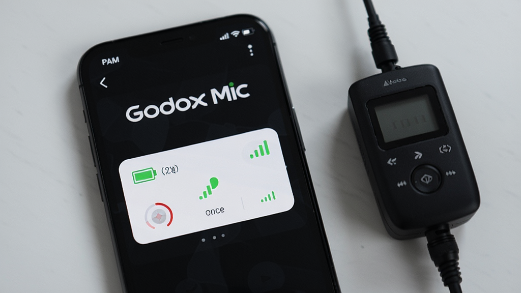 һ��չʾGodox MicӦ���������ͼƬ������������һ�������ֻ�����Ļ��������ʾ��Godox Mic��Ӣ��Logo��������˷�����״̬��Ƭ����Ƭ���е���ͼ����ź�ǿ��ָʾ���ֻ��Ա߰ڷ���һֻ��ɫ��������˷緢�����������Ǹɾ���ǳ��ɫ���棬������ͣ����������ִ������������޶���Ԫ��