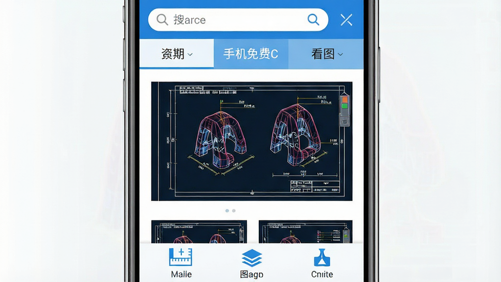 一张展示手机屏幕的图片,屏幕中央显示“手机免费CAD看图”软件的主界面,界面以蓝白配色为主,布局简洁,顶部有搜索栏和文件分类标签,中间区域展示着打开的CAD图纸缩略图,图纸线条清晰,底部有测量、图层、标注等工具图标,整体风格现代扁平,画质干净清晰,无多余元素