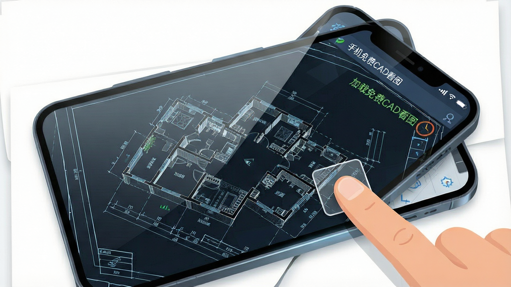 一张“手机免费CAD看图”软件打开大型建筑CAD图纸的界面截图,画面中图纸线条密集且清晰,手机屏幕右上角显示加载完成的速度标识,手指正在屏幕上进行缩放操作,背景是简洁的白色画布,风格为科技感扁平插画,细节表现屏幕玻璃的反光质感,画质干净,无多余元素