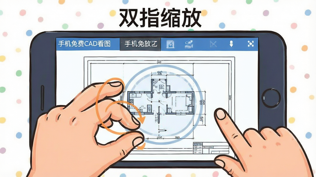 一张卡通风格的手机屏幕插画,展示“手机免费CAD看图”软件的操作手势,一只手正在用双指捏合缩放屏幕上的CAD图纸,另一只手在旁边准备点击,屏幕上方有“双指缩放”的提示文字,风格轻松活泼,色彩明快,画质干净,无多余元素