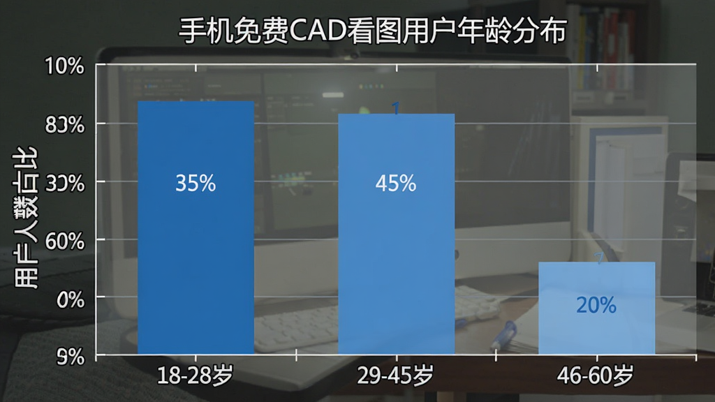 一张柱状图,标题为“手机免费CAD看图用户年龄分布”,横轴为年龄段“18-28岁、29-45岁、46-60岁”,纵轴为用户人数占比百分比,柱状图显示18-28岁占比约35%,29-45岁占比约45%,46-60岁占比约20%,图表风格简洁清晰,配色为蓝色系,画质干净,无多余元素