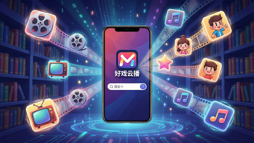 AI��ͼ��һ��չʾ����Ϸ�Ʋ�����Դ�ۺϹ��ܵ�ͼƬ��������һ���޴������ͼ��ݻ��������������м�������һ���ֻ���Ļ����Ļ����ʾ����Ϸ�Ʋ�����Logo����������Χ�����Ÿ���Ӱ�����͵�ͼ�꣨���Ӱ��Ƭ�����ӻ�����ͨ������ַ��ţ�����Щͼ��������һ���������ֻ���Ļ�С��������ֻ�Ϊ���ģ����ܳʷ���״�������ÿƼ��У�ɫ�ʷḻ�������ڴ��ۡ�ϸ���ϣ�ͼ���Ե�з���Ч�������ʸɾ����޶���Ԫ�أ�ͻ�����ۺϡ��롰�������ĸ��
