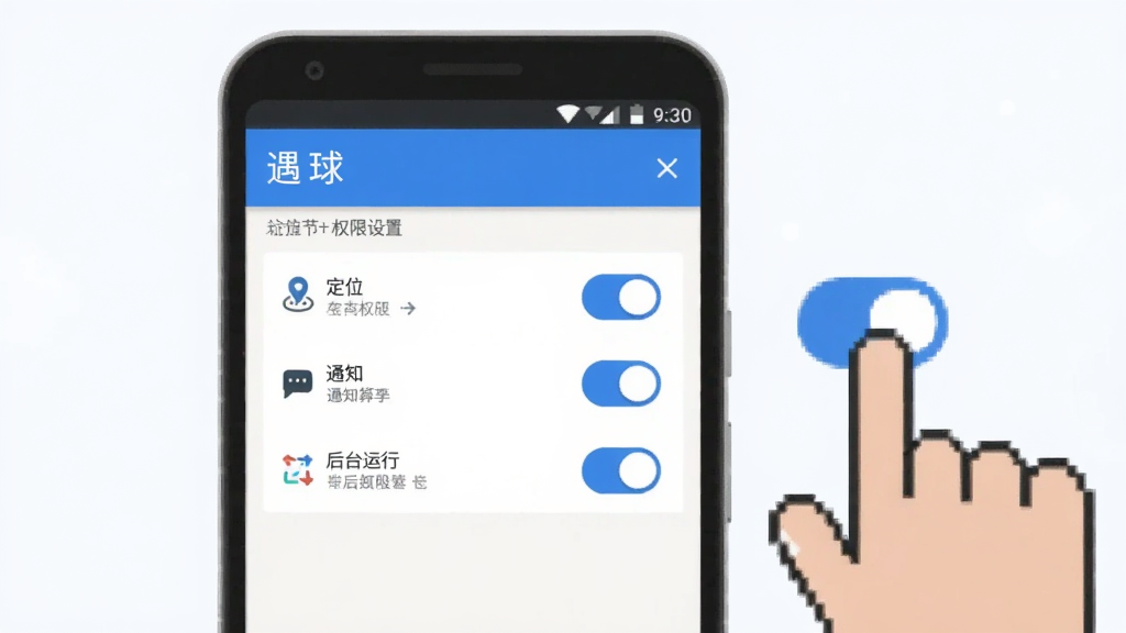 一张手机操作示意图,画面中一部安卓手机显示“遇球”App的权限设置页面,页面中有定位、通知、后台运行等开关按钮,旁边有一个手指点击开关的图标,背景简洁,风格扁平化,色彩以蓝色和白色为主,画质干净无多余元素