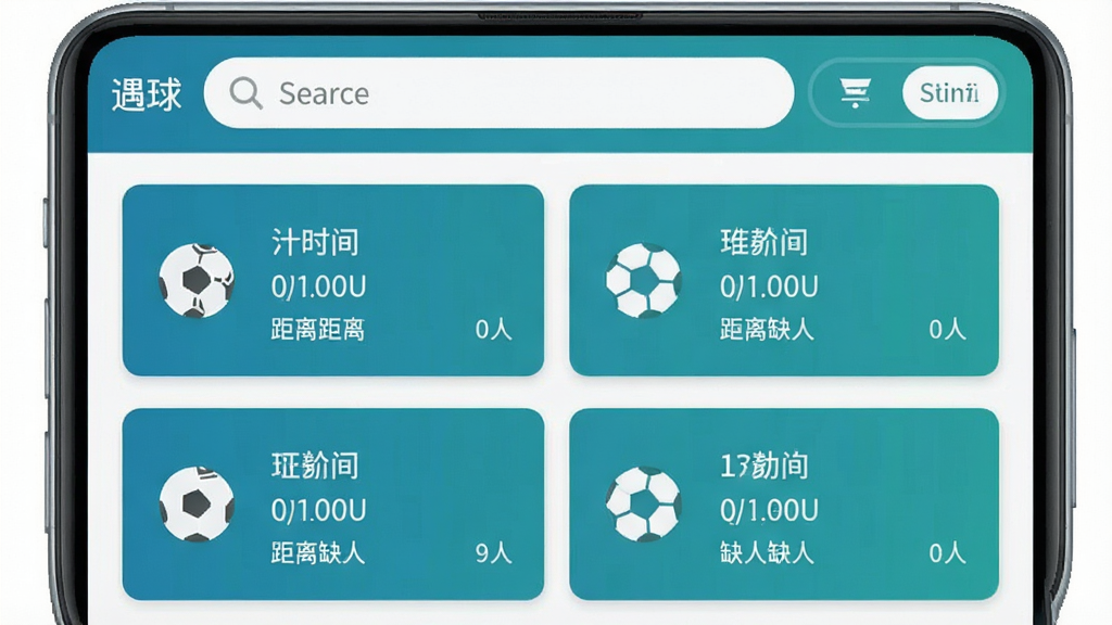 一张手机App界面截图风格的图片,画面主体是“遇球”App的附近球局列表页,页面顶部有搜索栏和筛选按钮,下方是卡片式球局信息,每张卡片显示运动类型图标、时间、距离和缺人数量,界面以蓝绿色为主色调,布局清晰,图标简洁,画质干净无多余元素