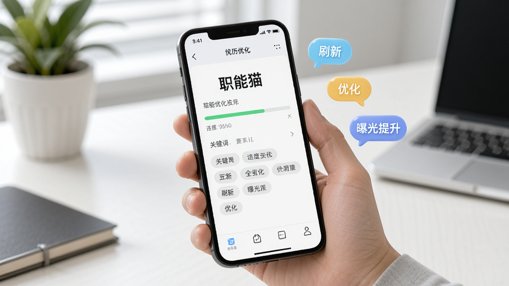 һ��AI��ͼ��������һֻ�������ֻ����ֻ���Ļ��ʾ��ְ��è��App�ļ����Ż�ҳ�棬ҳ�����н������͹ؼ��ʱ�ǩ���Ա�Ư���š�ˢ�¡����Ż������ع���������������С���ݣ������Ǽ�Լ�İ칫�����������дʵ���������������ɾ�