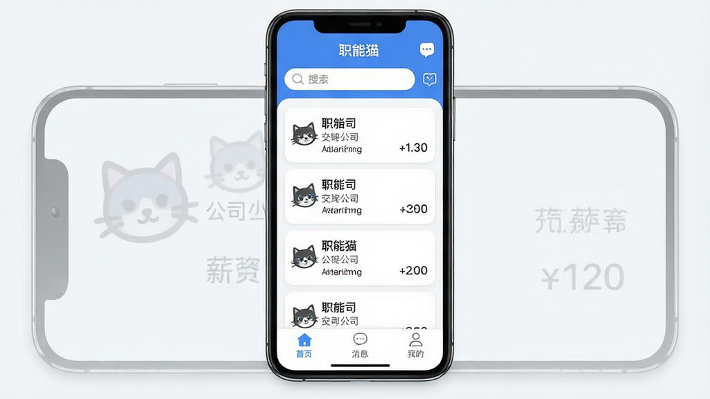 һ���ֻ�Ӧ�ý���չʾͼ�����������ǡ�ְ��è��App����ҳ�棬����������������Ϣͼ�꣬�м��ǿ�Ƭʽ��λ�Ƽ��б���ÿ�ſ�Ƭ����ְλ���ơ���˾Logo��н�ʷ�Χ���ײ�����������ҳ����Ϣ���ҵ�����ѡ��������������ɫ������ִ���࣬ͼ��Բ�󣬻��������ɾ��޶���Ԫ��