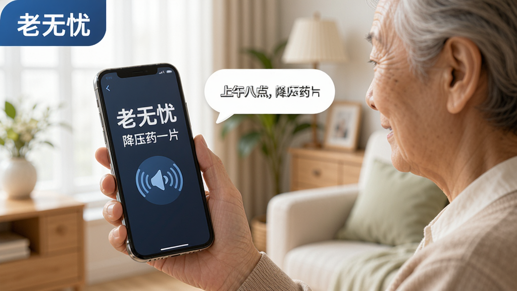 一张展示“老无忧”语音播报功能的图片,画面中一位老年用户拿着手机,手机屏幕显示大字体和语音波纹图标,旁边有文字气泡显示“上午八点,降压药一片”,背景是明亮的居家环境,风格写实、温馨,画质干净,文字必须包含“老无忧”。