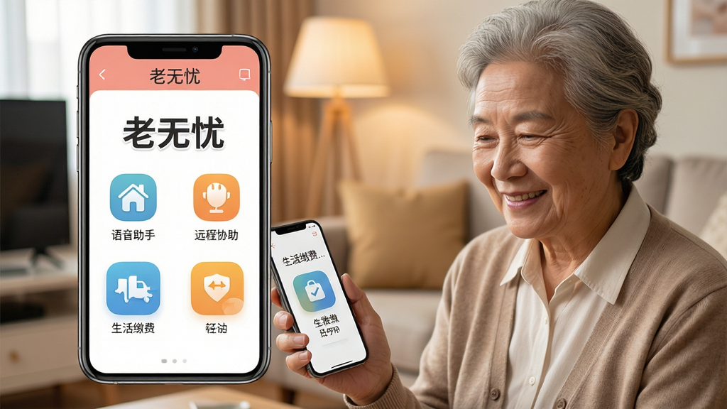 一张展示“老无忧”应用核心界面的图片,画面中央是一部智能手机,手机屏幕上显示“老无忧”APP的主界面,界面设计简洁,有大字体、大图标,包含语音助手、远程协助、生活缴费等入口,背景是温暖的家庭客厅场景,一位老年用户正微笑着看手机,整体风格温馨、干净、无多余元素,画质清晰,文字必须包含“老无忧”。