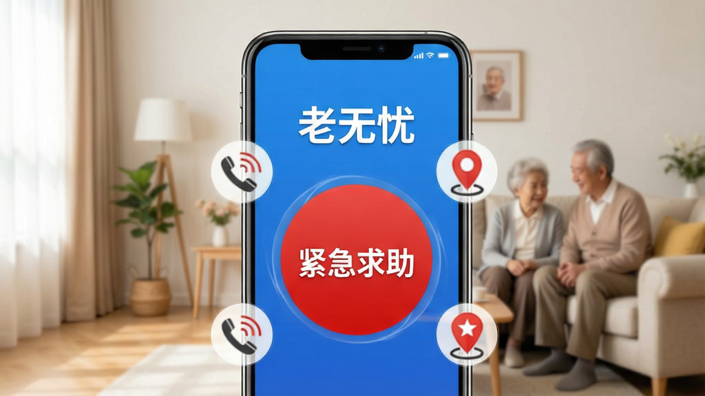 一张展示“老无忧”一键呼叫功能的图片,画面中心是手机屏幕上的红色大按钮,按钮上写着“紧急求助”,周围有电话图标和定位图标环绕,背景是家庭场景,风格简洁醒目,画质干净,文字必须包含“老无忧”。