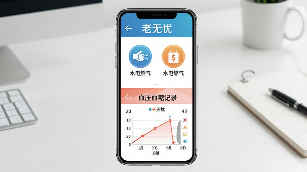 一张展示“老无忧”生活缴费与健康记录功能的图片,画面中手机屏幕分为上下两部分,上半部分是水电燃气缴费图标,下半部分是血压血糖记录图表,背景是整洁的桌面,风格清晰实用,画质干净,文字必须包含“老无忧”。