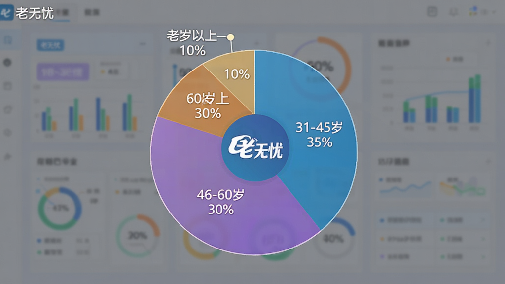 一张展示“老无忧”用户年龄分布的饼状图,图表分为四个扇形,分别标注“18-30岁 25%”“31-45岁 35%”“46-60岁 30%”“60岁以上 10%”,背景是简洁的数据面板风格,画质干净,文字必须包含“老无忧”。